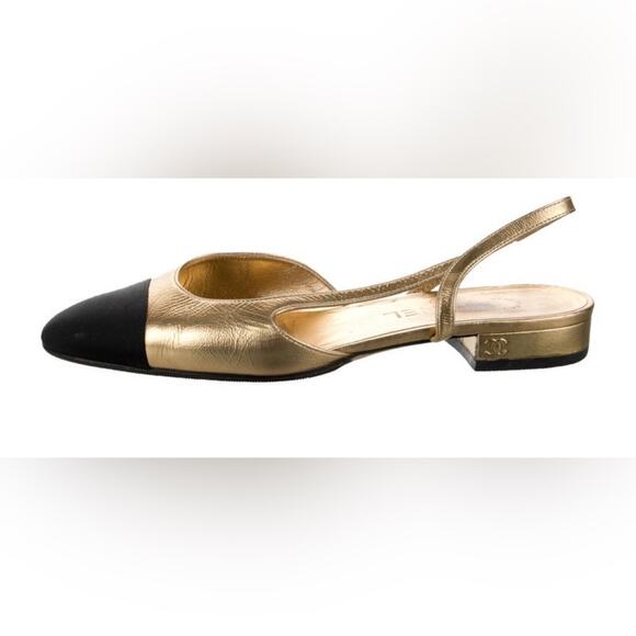 CHANEL LAMINATED LAMBSKIN GROSGRAIN‎ CAP TOE CC SLINGBACK FLATS SZ 37 - Picture 2 of 10